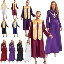 Womens Cleric Cassock Robe Metallic Shiny Trim Church Choir Priest Worship Dress