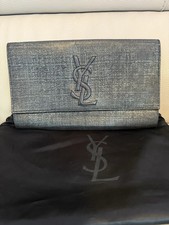 Authentic YSL Saint Laurent Black Silver Leather Belle Du Jour Logo Clutch Bag