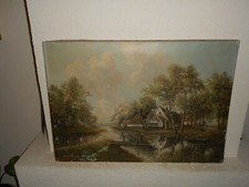 Large old oil painting, { Cottages - rivers - trees, signed  Jan van wissen }.