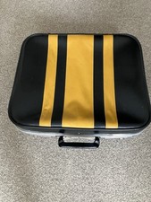 Vintage Retro Suitcase Hard And Soft Black With Yellow Stripes Red Inside