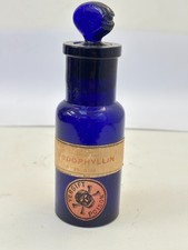 60279 Old Vintage Antique Glass Poison Bottle Blue Label Patent Vergift SKULL