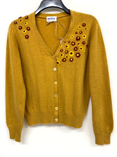 Brora 100% Cashmere Cardigan Embroidered UK 12 Mustard Upcycled by Slow