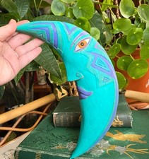 Vintage crescent moon whimsigoth blue turquoise whimsical celestial hand painted