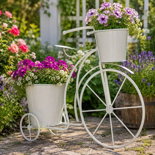 White metal bicycle flower - metal,