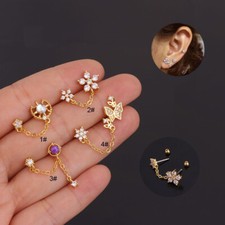 Crystal Chain Studs Helix Cartilage Bar Flower Earrings Double Ear Piercings