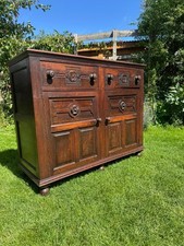 Antique Carved Solid Oak 2 Cupboard Sideboard With Drawers