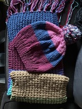 Handknitted Fringed Scarf & Pom Pom Hat