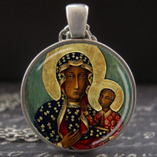 Black Madonna of Częstochowa Necklace Icon Medal Luke The Evangelist Painting