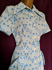 Vintage 60s 70s 12 Blue Crimplene Graphic Mod Scooter Dress Pointy Kipper Collar