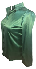 Green shiny satin blouse hidden button placket. 46"/48" bust. New size 20/22 UK