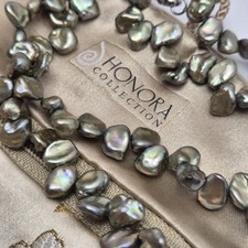 Honora Green Keshi Cornflake Cultured Pearl Necklace Sterling Silver Signed 925