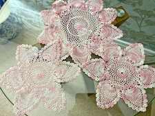 THREE VINTAGE PINK COTTON HAND WORKED CROCHET LACE DOILIES/TABLE MATS ~11" & 9"