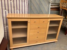 Heavy Light Wood Veneer Sideboard Display Cabinet TV Unit Glass Doors & Drawers