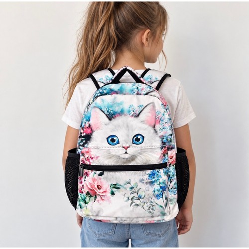 Cat floral backpack white blue - floral,