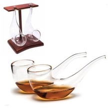 Set of 2 BRANDY Sipping Glasses With WOODEN STAND Pipe Whisky Port Sippers Gift
