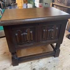 Antique Style Linen Fold Oak Joint Stool Slipper Box Occasional Table Lamp Stand