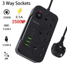 2m Extension Lead Power Strip Surge Protector 3 Gang Way 3*USB+3*USB-C Sockets