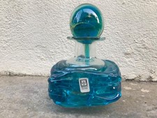 Signed Mdina Art Glass Blue Green Square Perfume Bottle With Stopper