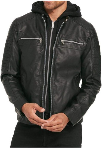 Men hooded leather jacket - men's,