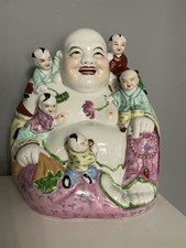 Vintage Chinese Fertility Laughing Buddha 5 Babies 10.5” Porcelain Figurine
