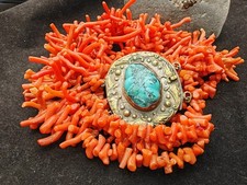 Chinese Antique natural undyed salmon Coral Turquoise stone fancy clasp Necklace