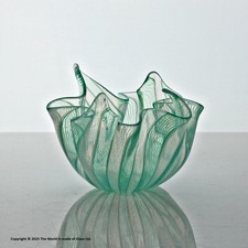 Venini, Murano (attributed), Zanfirico Fazzoletto bowl, small, green & white