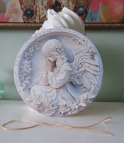 Round angel wooden plaque - wooden,
