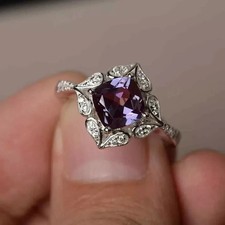 2.25 Ct Color Change Cushion Cut Alexandrite Statement Ring 14k solid white Gold