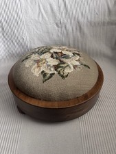 Vintage Round Needlepoint Footstool/Tuffet Floral Tapestry Fabric Floral Design