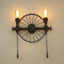 Vintage Wagon Wheel Cartwheel Chandelier Wall Light Metal Water Pipe Steampunk