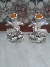 Rare Unique Pair Of Staffordshire Sheep Ram Ewe Lamb Spill Vases .