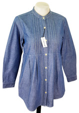 EDDIE BAUER PETITE Womans Blue Chambray L/S SHIRT Pleated - S - PS - SP -RRP £64