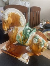 Vtg Chinese Dynasty Style Sancai Glazed Pottery Horse Figurine 12” Midcentury