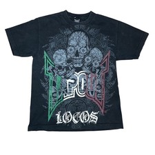 Vintage Y2K Tapout Locos Skulls Mexio Flag Aztec Faded Shirt Mens Black SZ M