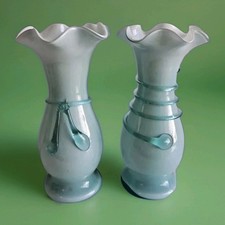 Vintage Czech Bohemian 2 Powder Blue Cased Art Glass Vases - Trail / Frill Rim