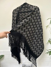 ARMANI COLLEZIONI Black Cream Woven Cosy Wool Blend Large Tassle Scarf Wrap