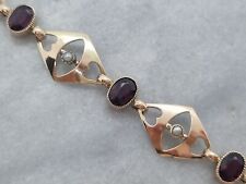 Antique Edwardian 1906 Solid 9ct Yellow Gold Bracelet Garnet & Pearl Heart Lock