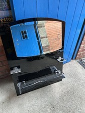 ART DECO TILTING BATHROOM MIRROR WITH BLACK GLASS SPLASHBACK & CHROME FITTINGS.