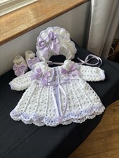 BABY GIRL CARDIGAN BONNET BOOTEE CROCHET HANDMADE REBORN ROMANY 0 TO 3 NEW ITEM