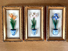 Set of 3 Ceramic Decorative Flower Plaques in frames - wall hanigng-