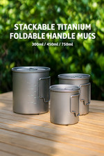 Premium Stackable Pure Titanium Mug with Lid – Lightweight Folding Handle Cup
