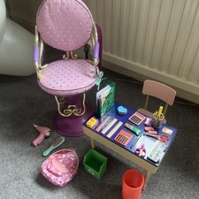 Our Generation Doll school desk set and hair dressing chair with accessories 