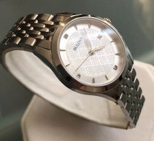 Ladies Genuine Bulova Slim Diamond 96S160 Mop Designer Watch Steel Sapphire Date