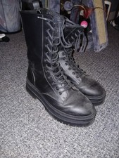 Thick Heeled Black Lace Up Combat Style Gothic Boots Black Leather Size UK 5