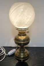 Antique Victorian brass oil lamp converted to electric with opal shade