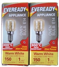 2x Eveready 25W Oven Bulb 300°C Cooker Appliance Lamp Light 25W 240V SES E14 AEG