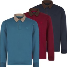 Mens Long Sleeve Rugby Polo Button Shirt Collared Striped Top Cotton M -XXL