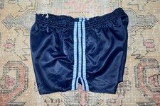 Vtg 80s Adidas Blue Shiny Nylon 3 Stripe Glanz Unlined Sprinter Shorts W32-W34 M
