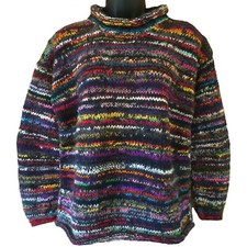 HIPPY BOHO HAND KNITTED BLUE & RAINBOW MULTI STRIPE JUMPER - lovely and cosy!