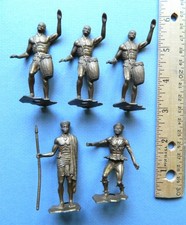 5 Vintage original 1970s MPC 60mm plastic Zulu Warriors toy figures in bronze